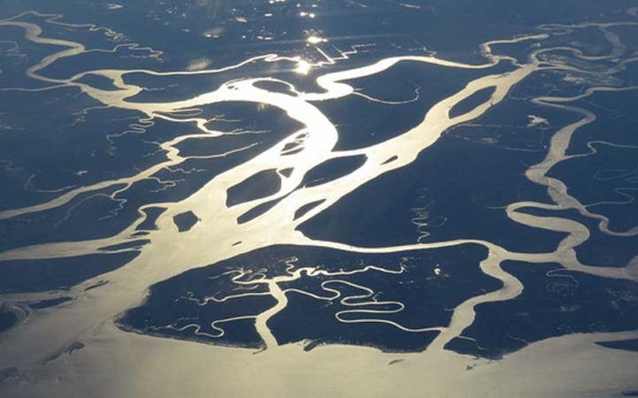From an aerial point of view, several winding rivers shine under the sun. 